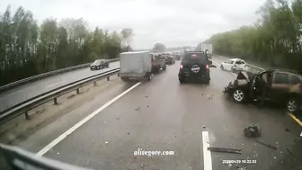 A Bus Carrying Passengers Hit Several Cars.