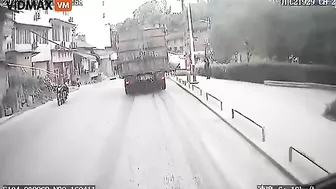 Cement Truck Hits Obstacle, Mixer Breaks