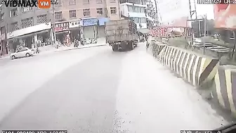 Cement Truck Hits Obstacle, Mixer Breaks