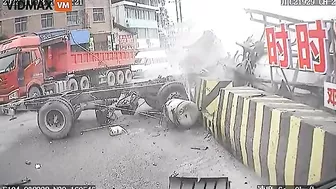 Cement Truck Hits Obstacle, Mixer Breaks