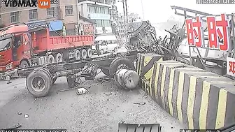 Cement Truck Hits Obstacle, Mixer Breaks