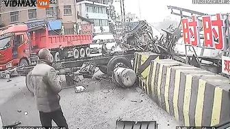 Cement Truck Hits Obstacle, Mixer Breaks
