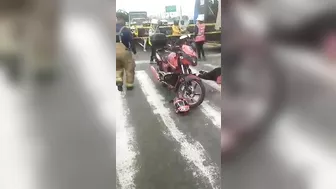 Motorcyclist's Head Crushed By Truck Tire, But Helmet Still Intact