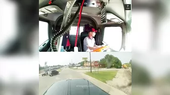 Idiot Driver Eats A Burger While The Truck Is Full