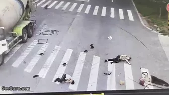 Cement Truck Hits Delivery Truck, Passengers Thrown Onto Road