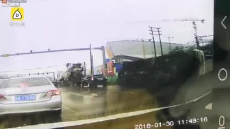 Cement Truck Turns 180 Degrees To Avoid Cyclist