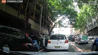 Delivery Driver Rams Motorbike Into Open Car Door