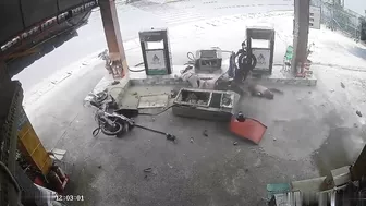 Motorcycle Speeding Into Gas Station