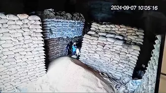 Warehouse Workers buried under falling wheat sacks