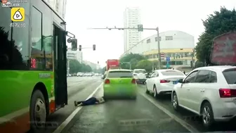 Woman is hit by a bus then her head is hit twice by a cars tires