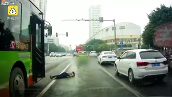 Woman is hit by a bus then her head is hit twice by a cars tires