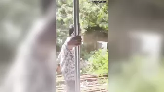 Young man hits a concrete post while hanging