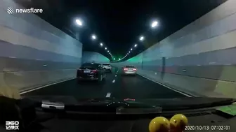 Car Hits Tunnel Wall When Overtaking Suddenly