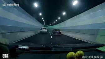 Car Hits Tunnel Wall When Overtaking Suddenly