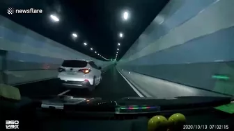 Car Hits Tunnel Wall When Overtaking Suddenly