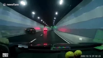 Car Hits Tunnel Wall When Overtaking Suddenly