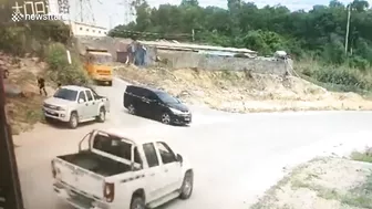 Chinese Pedestrian Nearly Buried By Truck