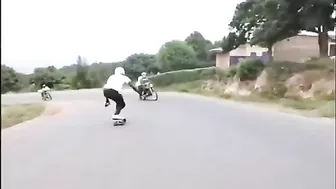 Roller Skater Hits Full Size Motorcycle - Slow Motion View