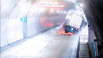 Sleepy Truck Driver Drives Into Tunnel