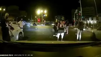 Three Cyclists Hit A Taxi