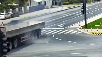 Truck Collides With Car After Emergency Braking On Highway