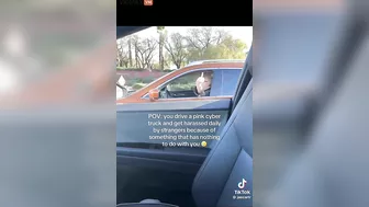 Total Loser Gives The Middle Finger To A Woman Driving A Pink Cybertruck